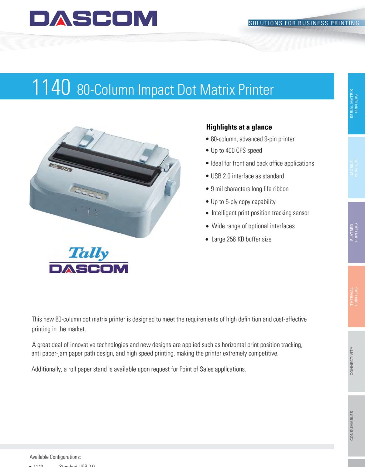 Dascom 1140 80 Column Impact Dot Matrix Printer Wordtext Systems Inc